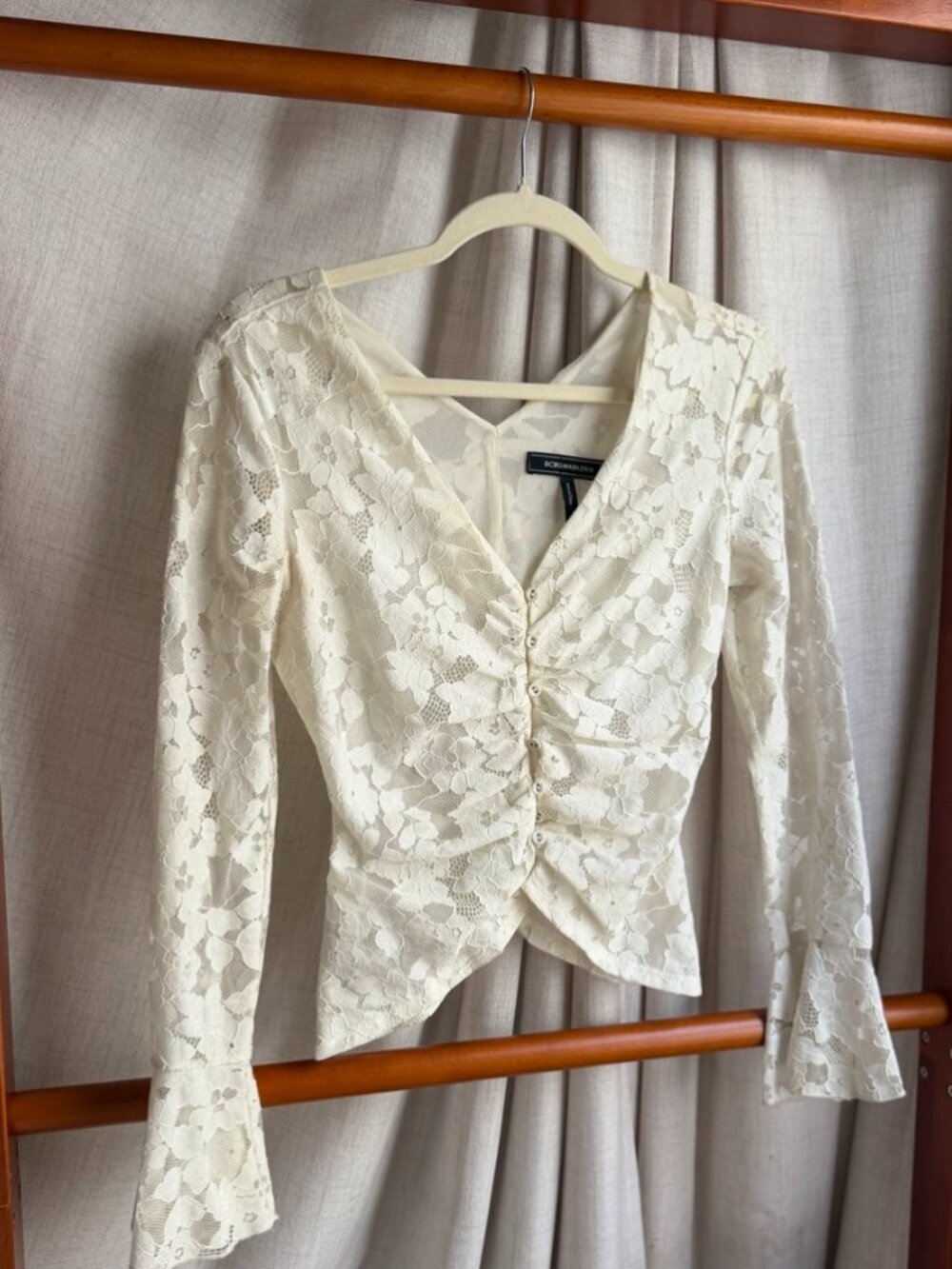 BCBG Off White Floral Lace Ruched Top | XS
